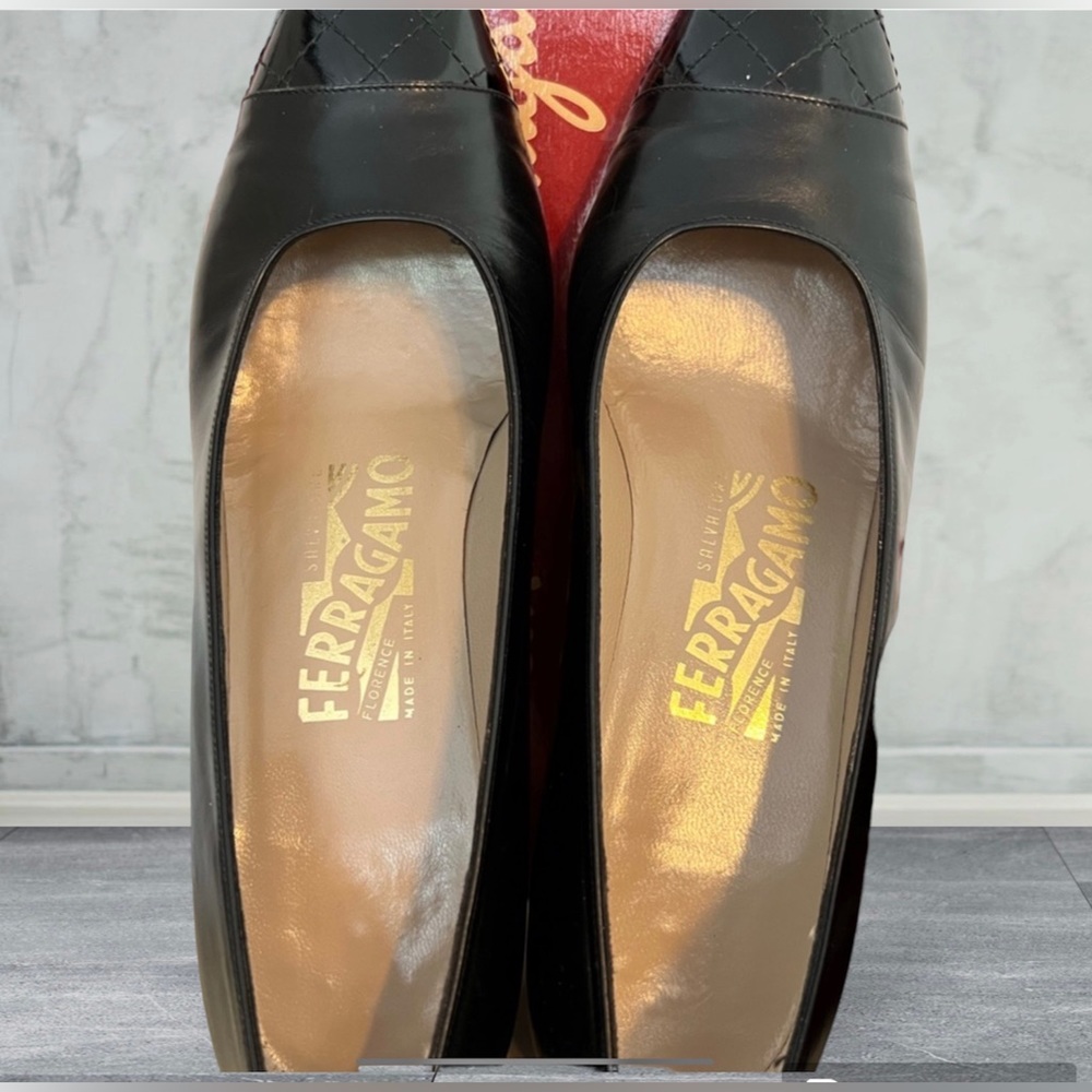 Salvatore Ferragamo Patent Calf Black heels Taddea Sz 6 1/2B Ballroom Heel